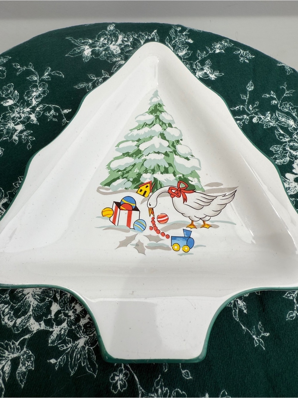 Ceramic Stoneware White Holiday Tree Candy Dish Spoons Rest Festive Goose Design